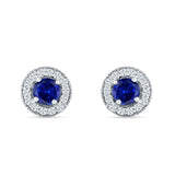 Round Halo Stud Earring Blue Sapphire CZ 925 Sterling Silver