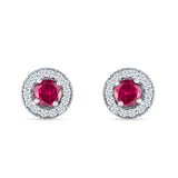Round Halo Stud Earring Ruby CZ 925 Sterling Silver