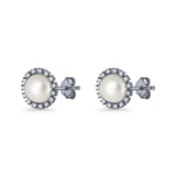 Pearl Stud Earrings 8.7mm Halo Cubic Zirconia 925 Sterling Silver