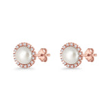 Pearl Stud Earrings 8.7mm Halo Cubic Zirconia 925 Sterling Silver