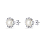 Pearl Stud Earrings 8.7mm Halo Cubic Zirconia 925 Sterling Silver