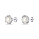 Pearl Stud Earrings 8.7mm Halo Cubic Zirconia 925 Sterling Silver Wholesale