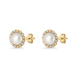 Pearl Stud Earrings 8.7mm Halo Cubic Zirconia 925 Sterling Silver