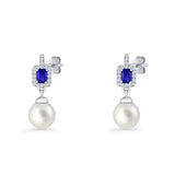 Emerald Cut Blue Cubic Zirconia & Pearl Charm Stud Earrings 925 Sterling Silver Wholesale