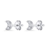 Crescent Moon Stud Earring 5mm Round Cubic Zirconia 925 Sterling Silver