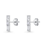 Line Bar Stud Earrings 12.4mm Baguette & Round Cubic Zirconia 925 Sterling Silver