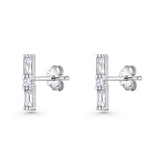 Line Bar Stud Earrings 12.4mm Baguette & Round Cubic Zirconia 925 Sterling Silver Wholesale