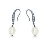 Drop Dangle 32mm Oval Pearl Fishhook Earring Cubic Zirconia 925 Sterling Silver
