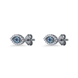Evil Eye Earrings 6.2mm Floral Blue & Clear Cubic Zirconia 925 Sterling Silver