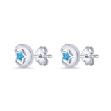 Crescent Moon & Star Stud Earring Lab Created Blue Opal 925 Sterling Silver Wholesale