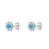 Flower Stud Earring 5.8mm Lab Created Blue Opal Oxidized 925 Sterling Silver Wholesale