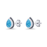 Pear Teardrop Lab Created Blue Opal Stud Earring Oxidized 925 Sterling Silver Wholesale