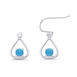 Pear Fishhook Earring Oxidized Round Lab Created Blue Opal 925 Sterling Silver