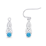 Round Lab Created Blue Opal Trinity Dangle Fishhook Earring 925 Sterling Silver