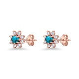 Minimalist 8.2mm Floral Stud Earrings Turquoise & Cubic Zirconia 925 Sterling Silver