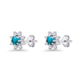 Minimalist 8.2mm Floral Stud Earrings Turquoise & Cubic Zirconia 925 Sterling Silver