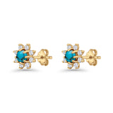 Minimalist 8.2mm Floral Stud Earrings Turquoise & Cubic Zirconia 925 Sterling Silver