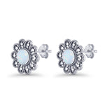 Flower Beaded 15.6mm Lab Created White Opal Oxidized Stud Earring 925 Sterling Silver Wholesale