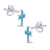 Cross Stud Earrings Lab Created Blue Opal 925 Sterling Silver (14mm)