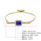 14K Yellow Gold Emerald Cut Blue Sapphire Adjustable Bolo Chain Bracelet Natural Diamond Wholesale