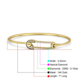 14K Yellow Gold 7" Safety Pin Bangle Bracelet 2.02mm Round Natural Diamond Wholesale