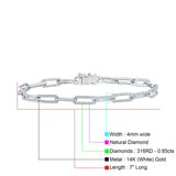 14K White Gold 7Inch Paperclip Link Chain Round Natural Diamond Bracelet Wholesale