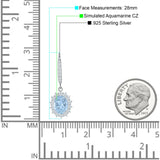 Oval Halo Flower Drop Dangle Leverback Earring Aquamarine CZ 925 Sterling Silver