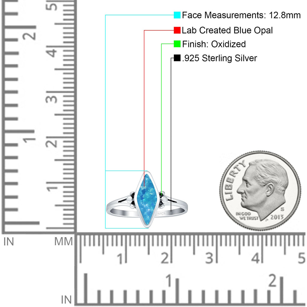 Art Deco Marquoise Oxidized Lab Created Blue Opal Vintage Style Ring 9