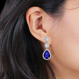 Pear Teardrop Halo Drop Dangle Earring Blue Sapphire CZ 925 Sterling Silver Wholesale