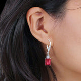 Emerald Cut Oblong Drop Dangle Leverback Earring Ruby CZ 925 Sterling Silver