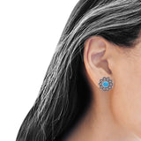 Flower Beaded 15.6mm Lab Created Blue Opal Oxidized Stud Earring 925 Sterling Silver Wholesale