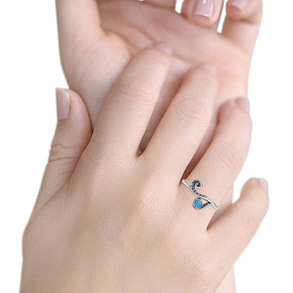 Round Lab Created Blue Opal Tentacle Octopus Ring Oxidized 925 Sterlin