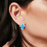 Cross Stud Earrings Lab Created Blue Opal 925 Sterling Silver (14mm)