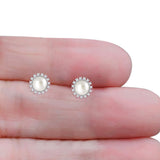 Pearl Stud Earrings 8.7mm Halo Cubic Zirconia 925 Sterling Silver