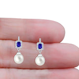 Emerald Cut Blue Cubic Zirconia & Pearl Charm Stud Earrings 925 Sterling Silver Wholesale