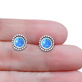 Round Lab Created Blue Opal Beaded Oxidized Stud Earring 925 Sterling Silver Wholesale