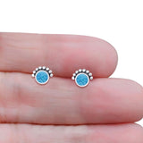 Round Solitaire Lab Created Blue Opal Oxidized Stud Earring Beaded 925 Sterling Silver Wholesale