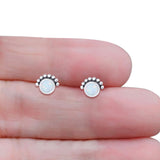 Round Solitaire Lab Created White Opal Oxidized Stud Earring Beaded 925 Sterling Silver Wholesale