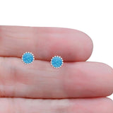 Round Stud Earring Lab Created Blue Opal Oxidized 925 Sterling Silver Wholesale