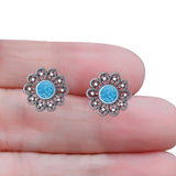 Flower Beaded 15.6mm Lab Created Blue Opal Oxidized Stud Earring 925 Sterling Silver Wholesale