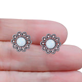 Flower Beaded 15.6mm Lab Created White Opal Oxidized Stud Earring 925 Sterling Silver Wholesale