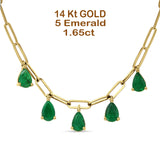 14K Yellow Gold 1.65ct Green Emerald Five Pear Pendant Paperclip Chain Necklace 16" Long