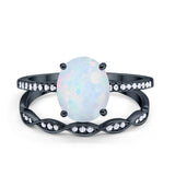 Two Piece Art Deco Wedding Ring Black Tone, Lab Created White Opal 925 Sterling Silver