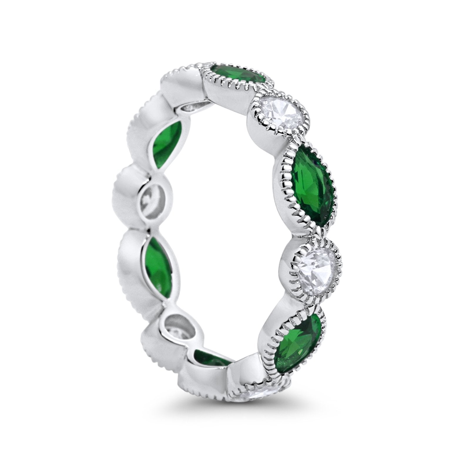 Eternity Style Ring Marquise Round Simulated Green Emerald CZ 925 Sterling Silver