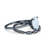 Two Piece Art Deco Wedding Ring Black Tone, Lab Created White Opal 925 Sterling Silver