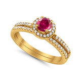 Accent Dazzling Round Yellow Tone, Simulated Ruby CZ Wedding Ring 925 Sterling Silver
