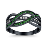 Half Eternity Weave Knot Ring Black Tone, Simulated Green Emerald CZ 925 Sterling Silver