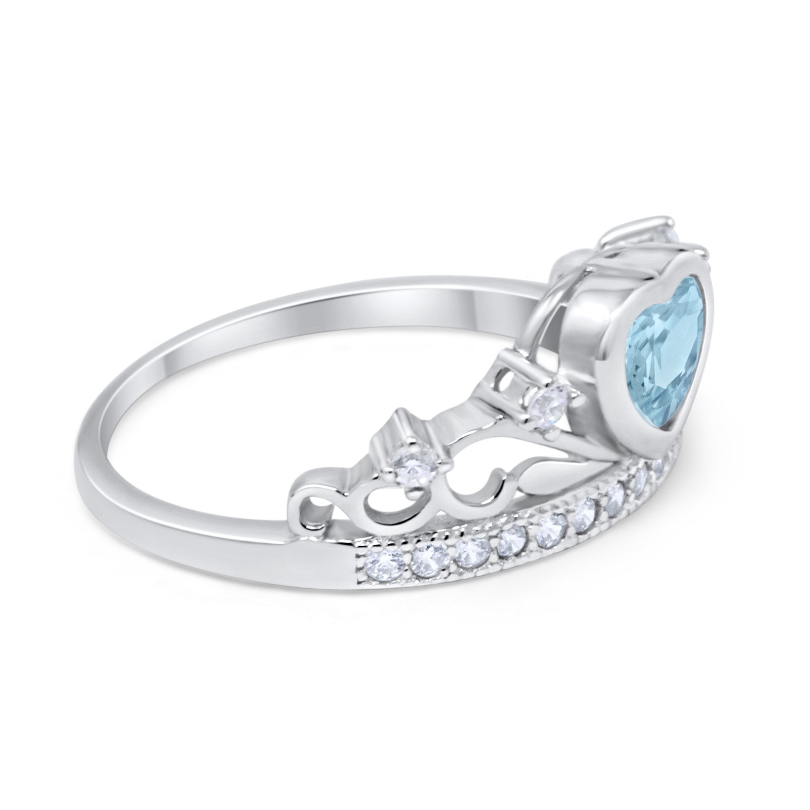 Heart Crown Ring Eternity Simulated Aquamarine CZ 925 Sterling Silver