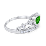 Heart Crown Ring Eternity Simulated Green Emerald CZ 925 Sterling Silver