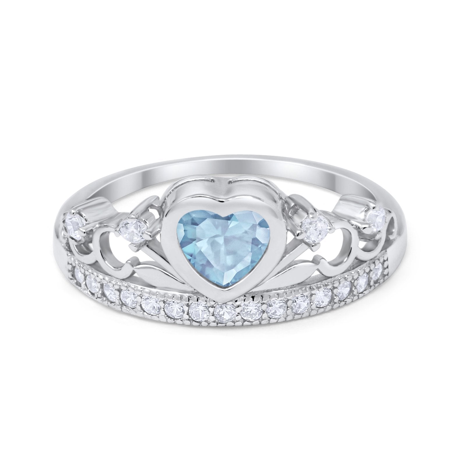 Heart Crown Ring Eternity Simulated Aquamarine CZ 925 Sterling Silver
